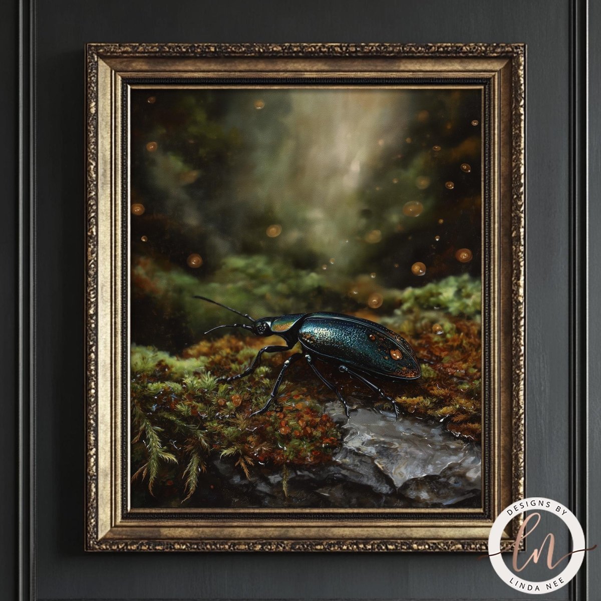 A framed painting depicting a large, colorful beetle resting on moss and rocks in a lush, forested environment.