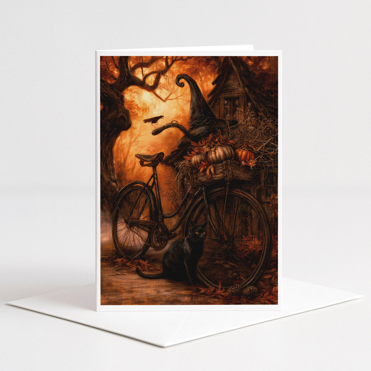 Vintage bicycle with pumpkins, a witch hat and a black cat in autumn woods, 5x7 blank note card