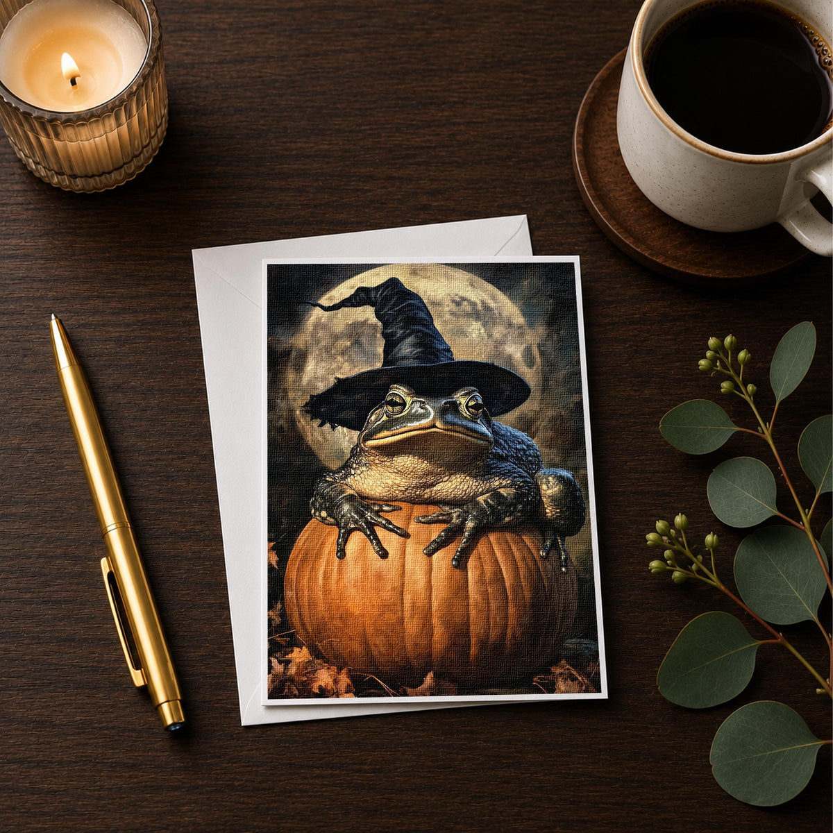 Witch hat toad note card styled on a wooden desk with a candle, a pen and a coffee cup