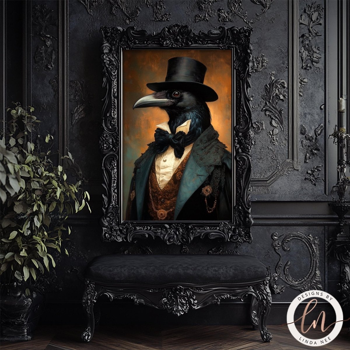 a framed painting of a black bird wearing a top hat and coat, set against a dark background with an ornate frame.