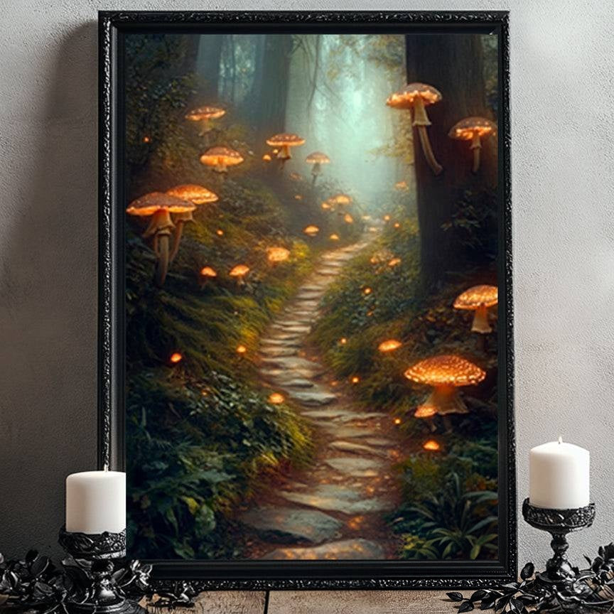 a whimsical forest scene with a winding path leading through a lush, green landscape dotted with glowing mushrooms.