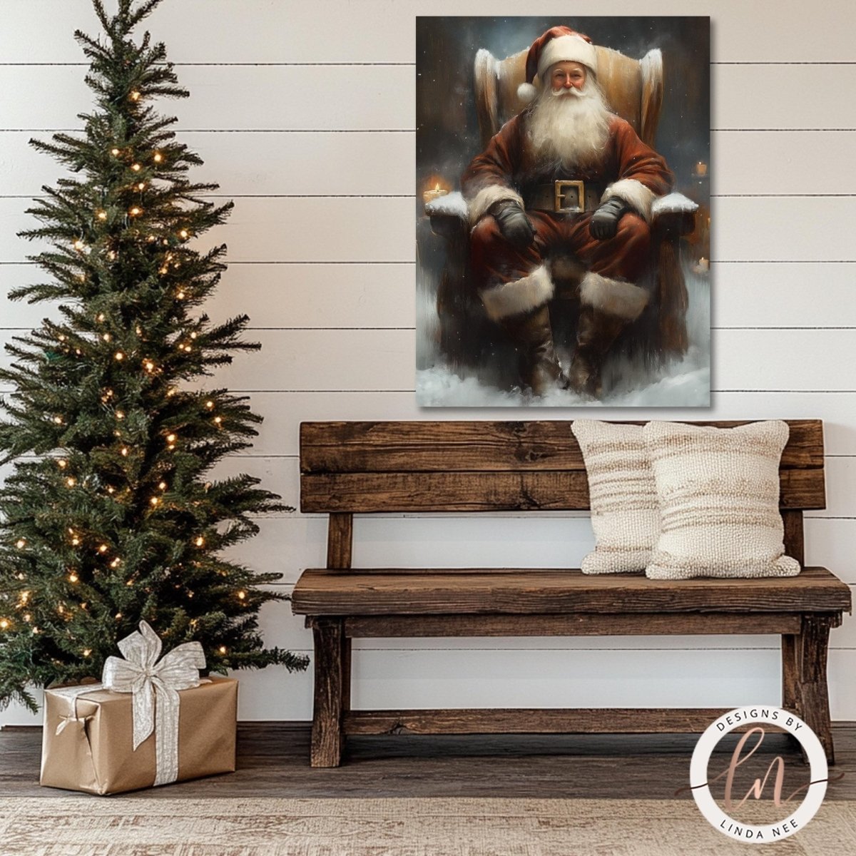 Santa Claus wall art hung above a wooden bench beside a decorated Christmas tree
