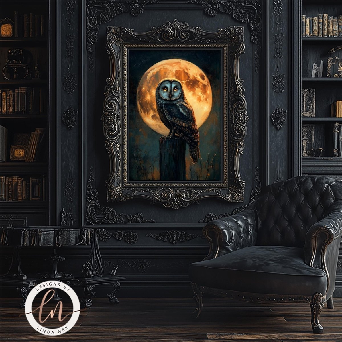Owl perched under orange moon print displayed with a leather chair