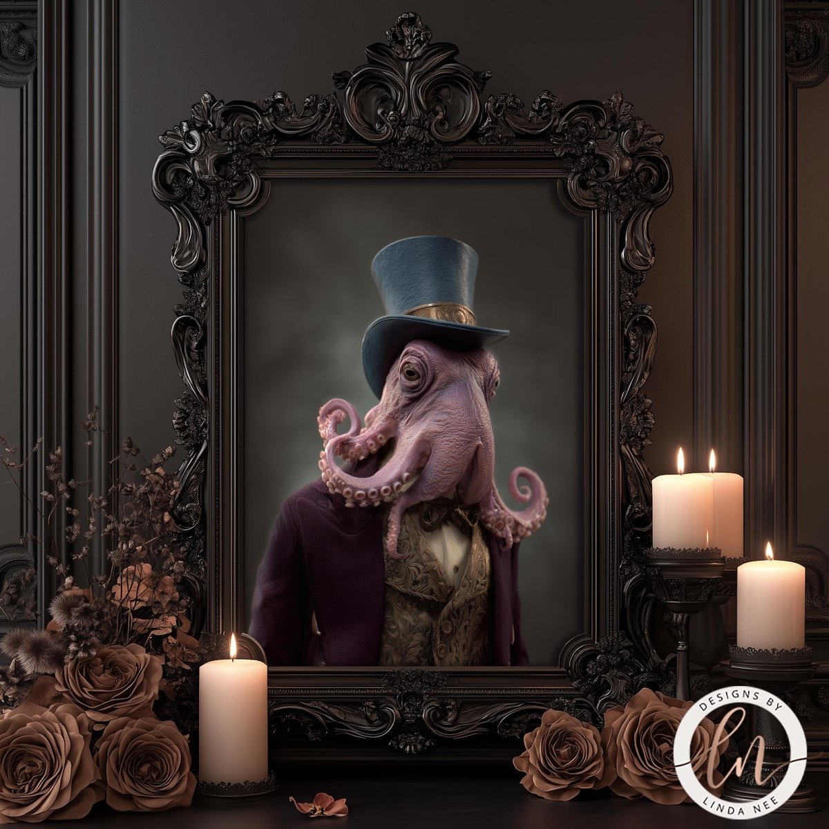 an octopus wearing a top hat and a purple suit, standing in a black ornate frame. The frame is surrounded by candles and flowers, creating a mysterious and elegant atmosphere.