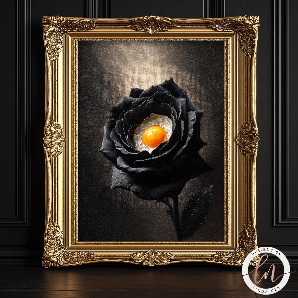 A black rose with an orange center is displayed in an ornate gold frame against a dark background.