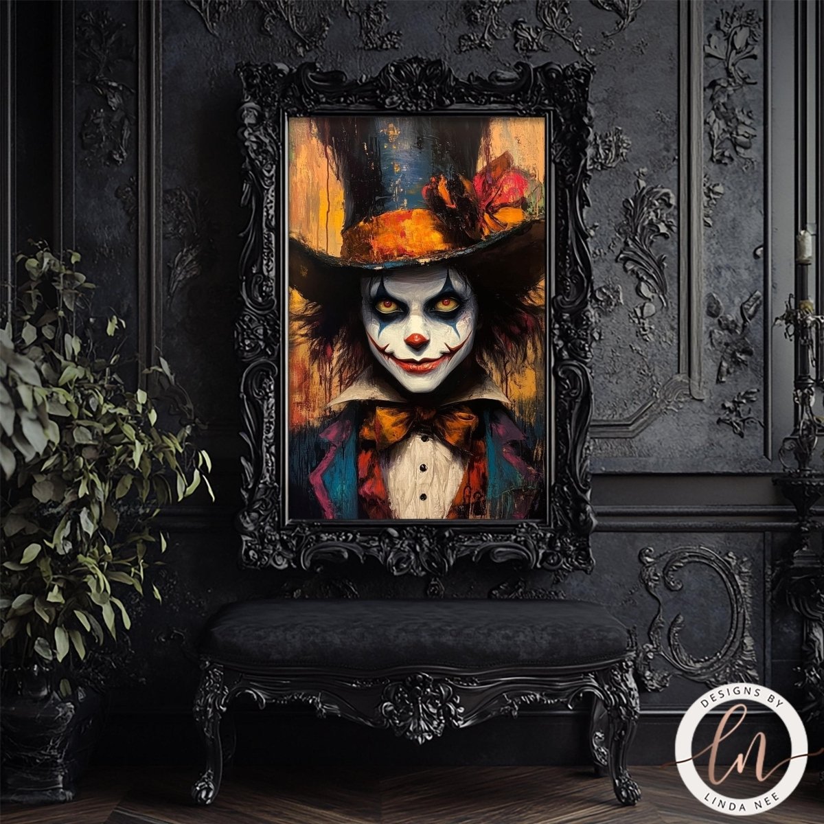 Colorful clown portrait art print displayed in an ornate black frame