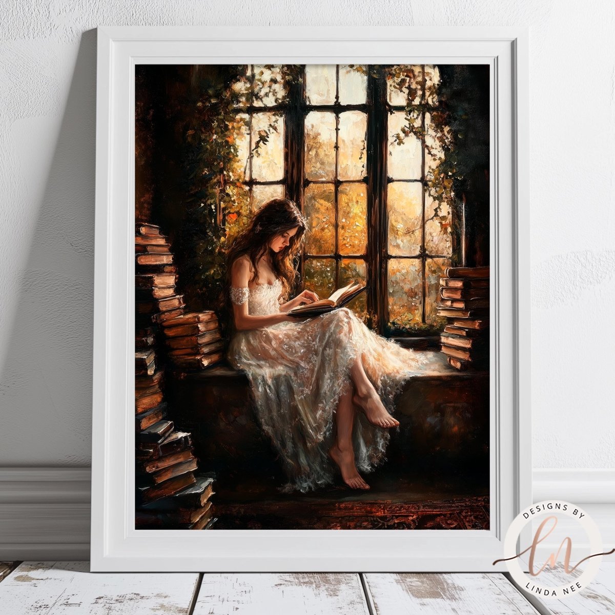 A woman in a white dress is sitting on a bench and reading a book, surrounded by a stack of books and a window with trees outside.