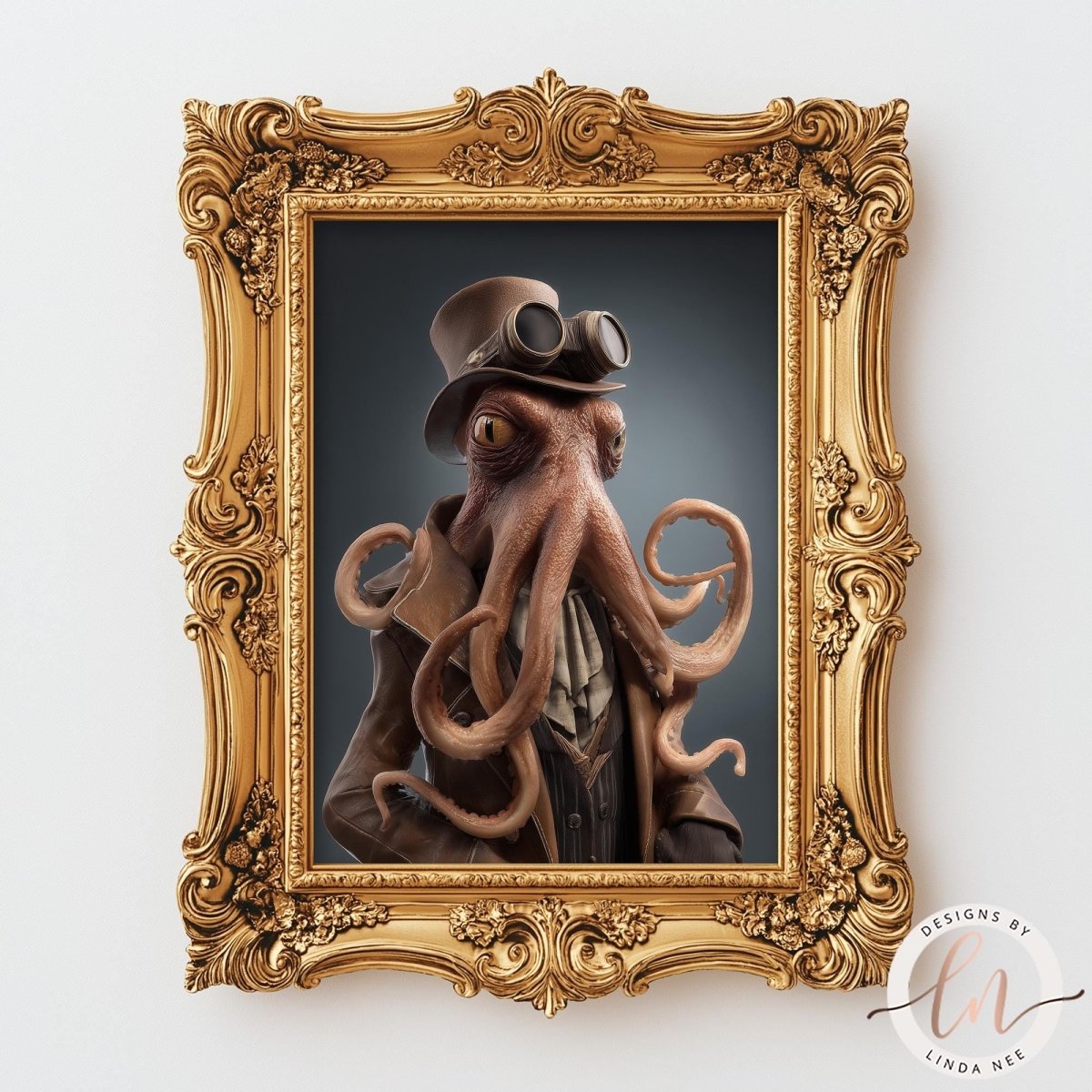 A framed image depicting a large octopus wearing a top hat and goggles, with its tentacles spread out.