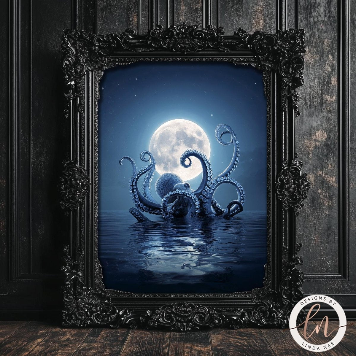 an octopus with tentacles reaching towards a large, full moon in the night sky.