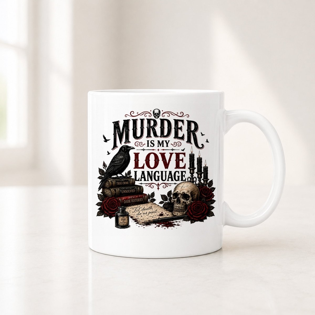 11 oz white true crime mug with a black raven, an ink bottle, a parchment note and candles below gothic lettering