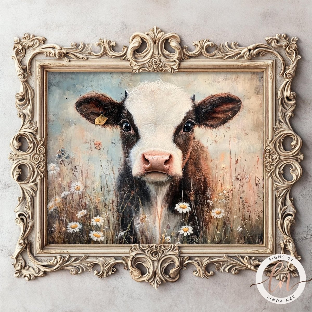 Cow portrait with a white face and brown spots in a flower field
