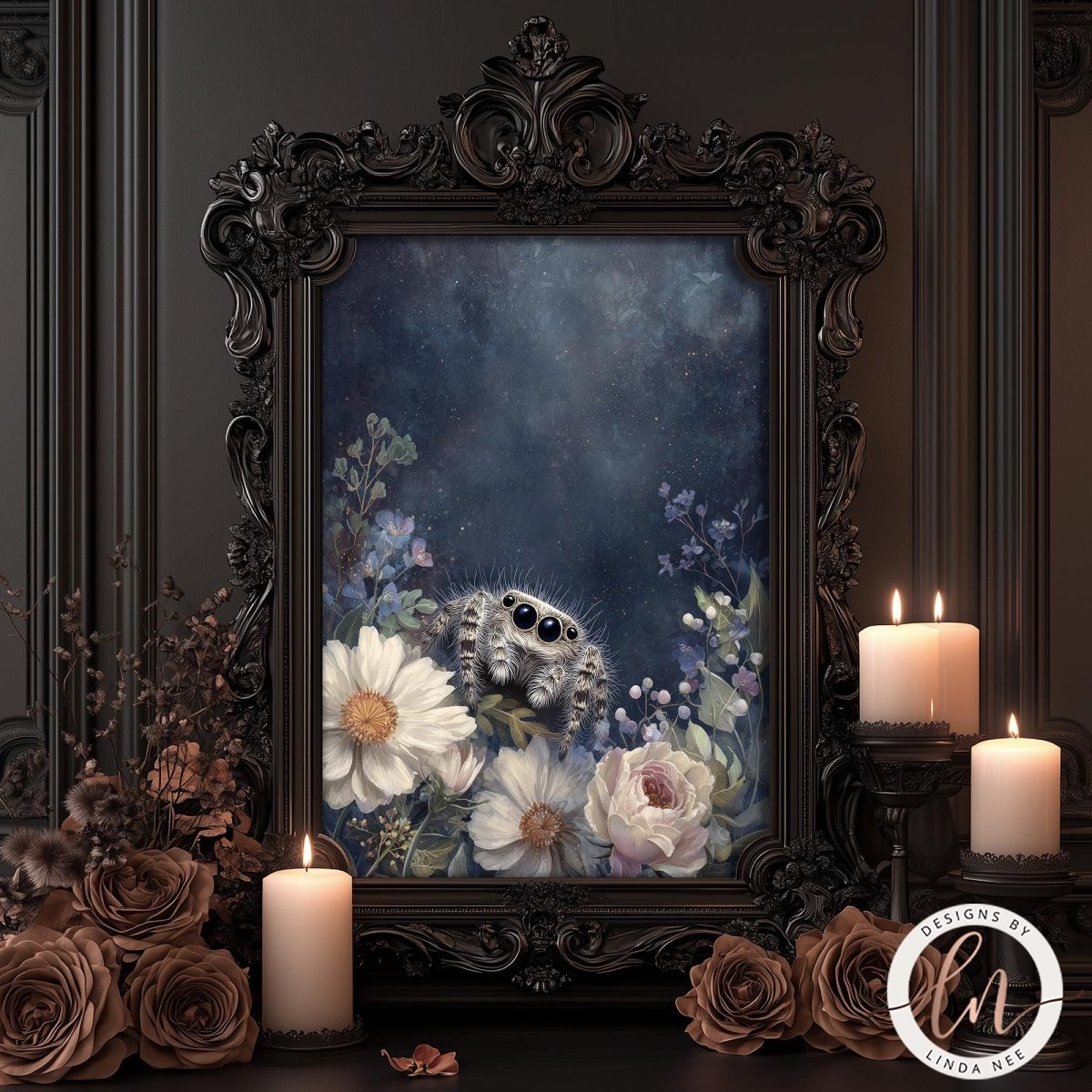 A framed print of a floral arrangement with a spider sitting among the flowers.