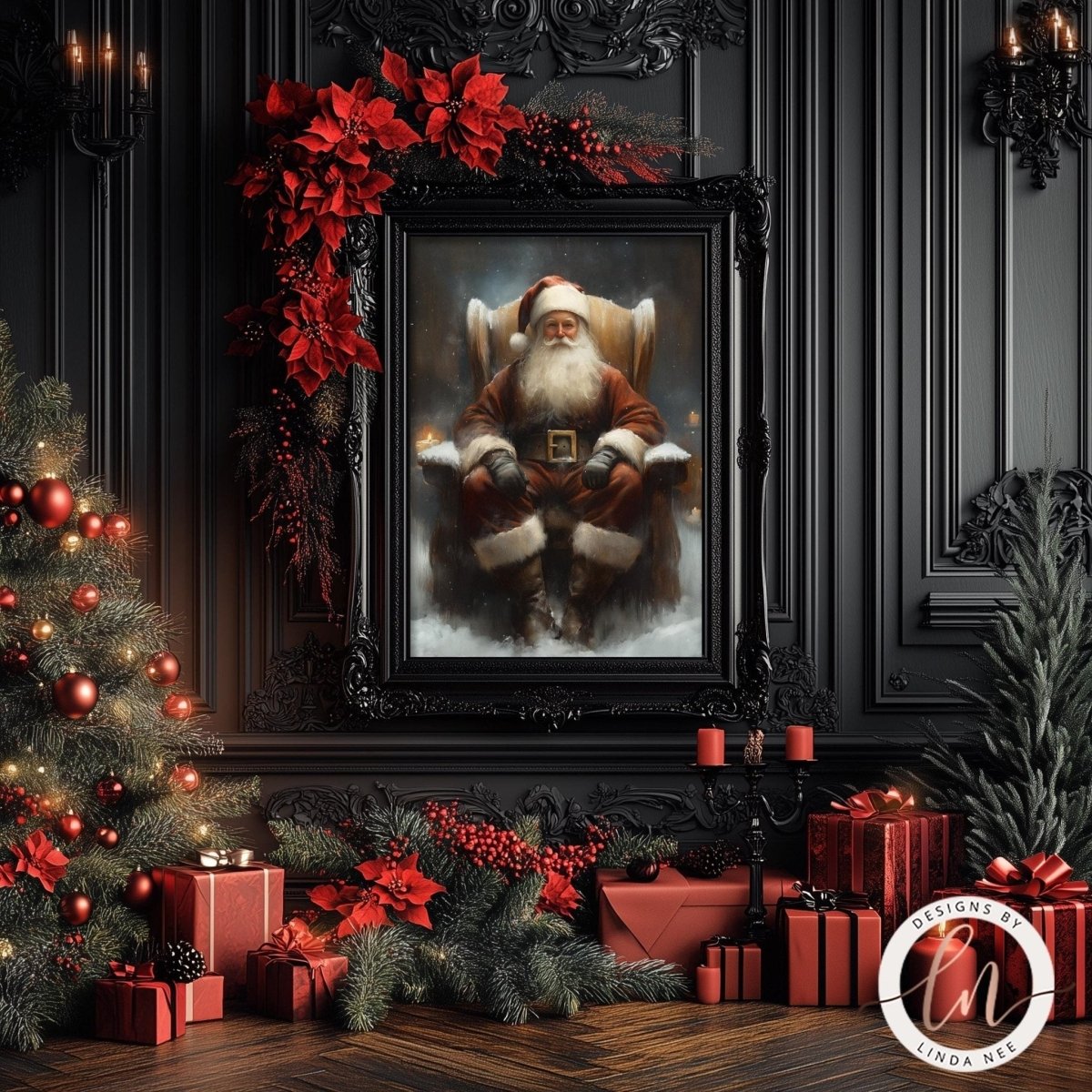 Santa armchair wall art displayed with poinsettias, a lit tree and wrapped presents