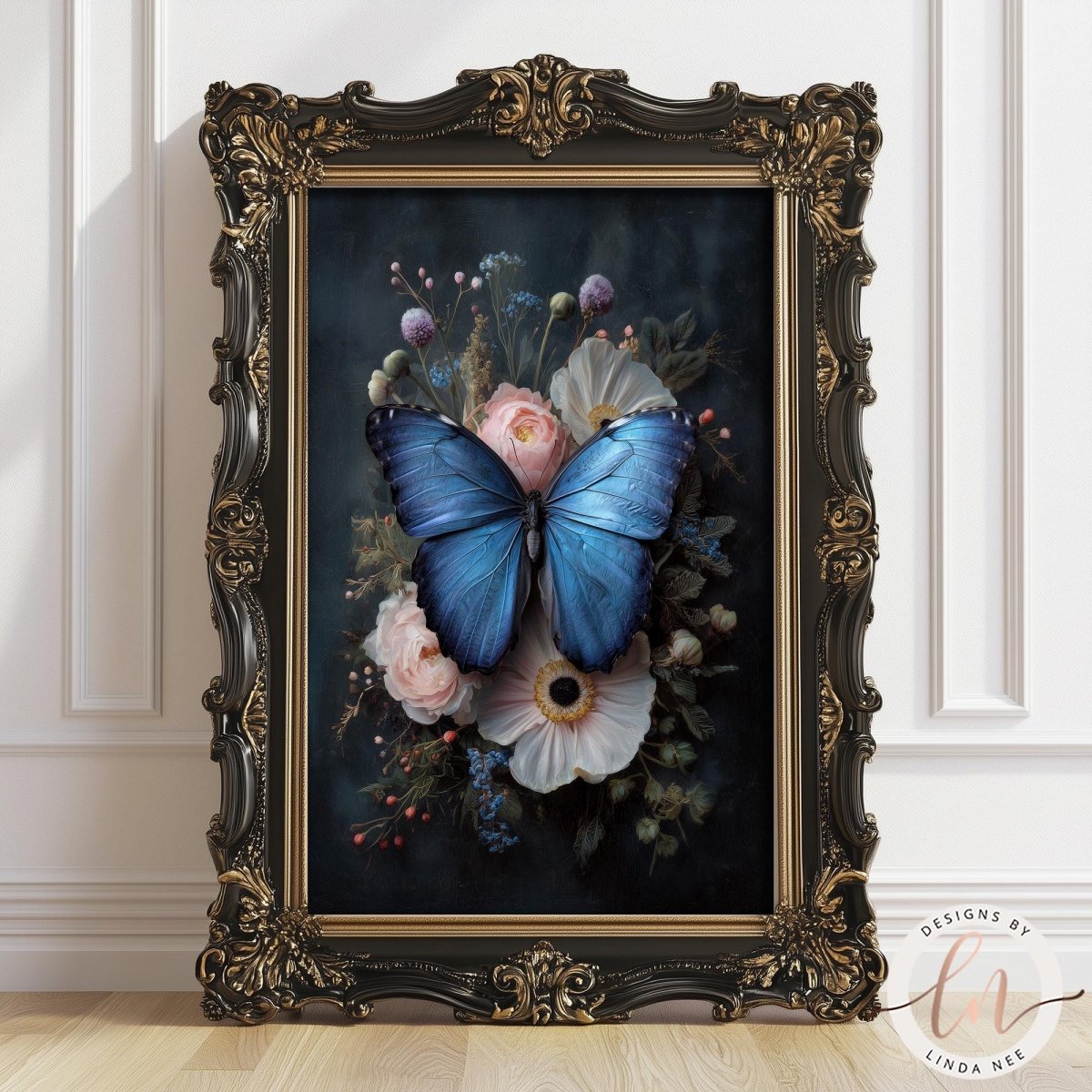 a large, ornate gold frame with a painting of a blue butterfly resting on a floral arrangement.