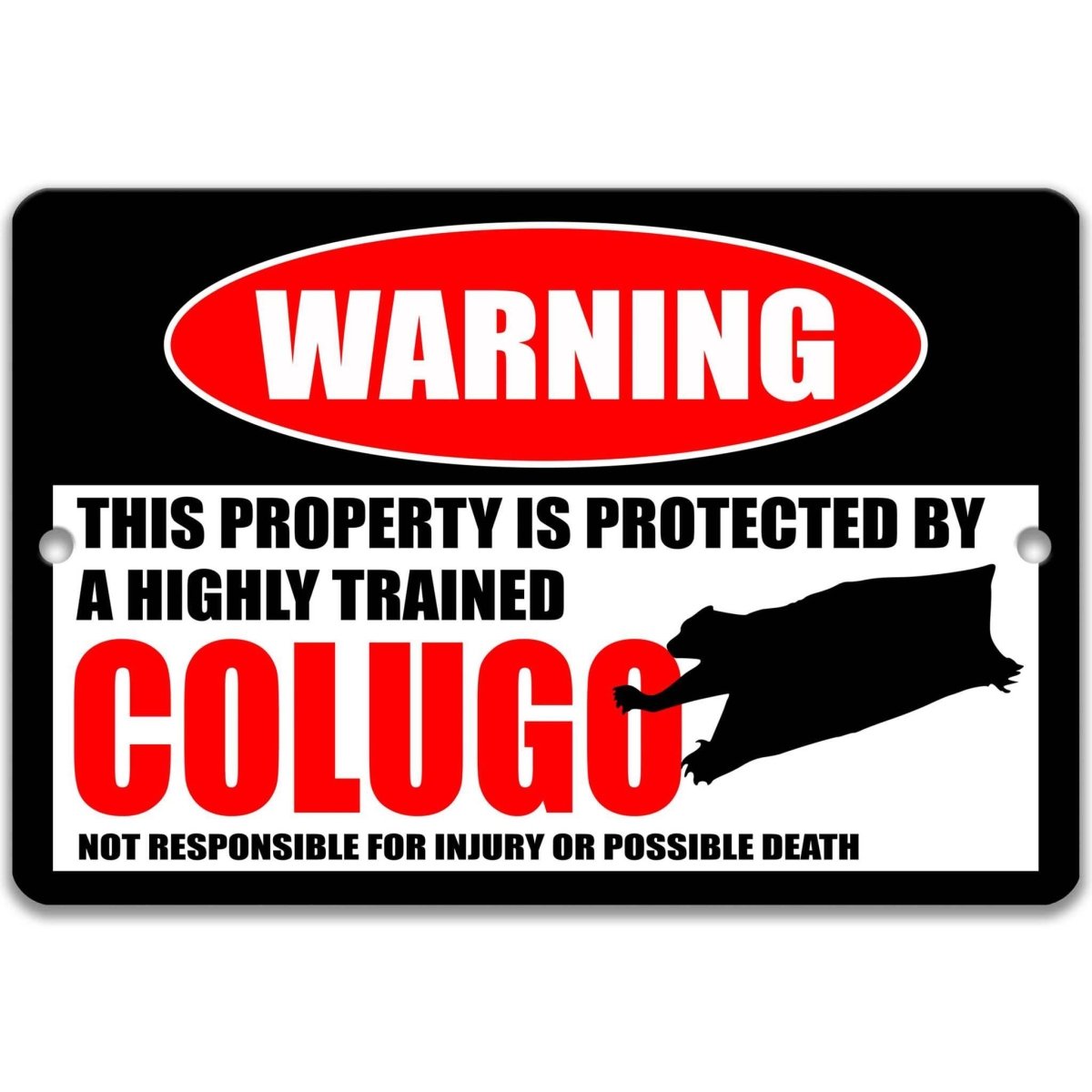 Colugo warning metal sign, glossy black, red WARNING oval and membrane-winged colugo silhouette