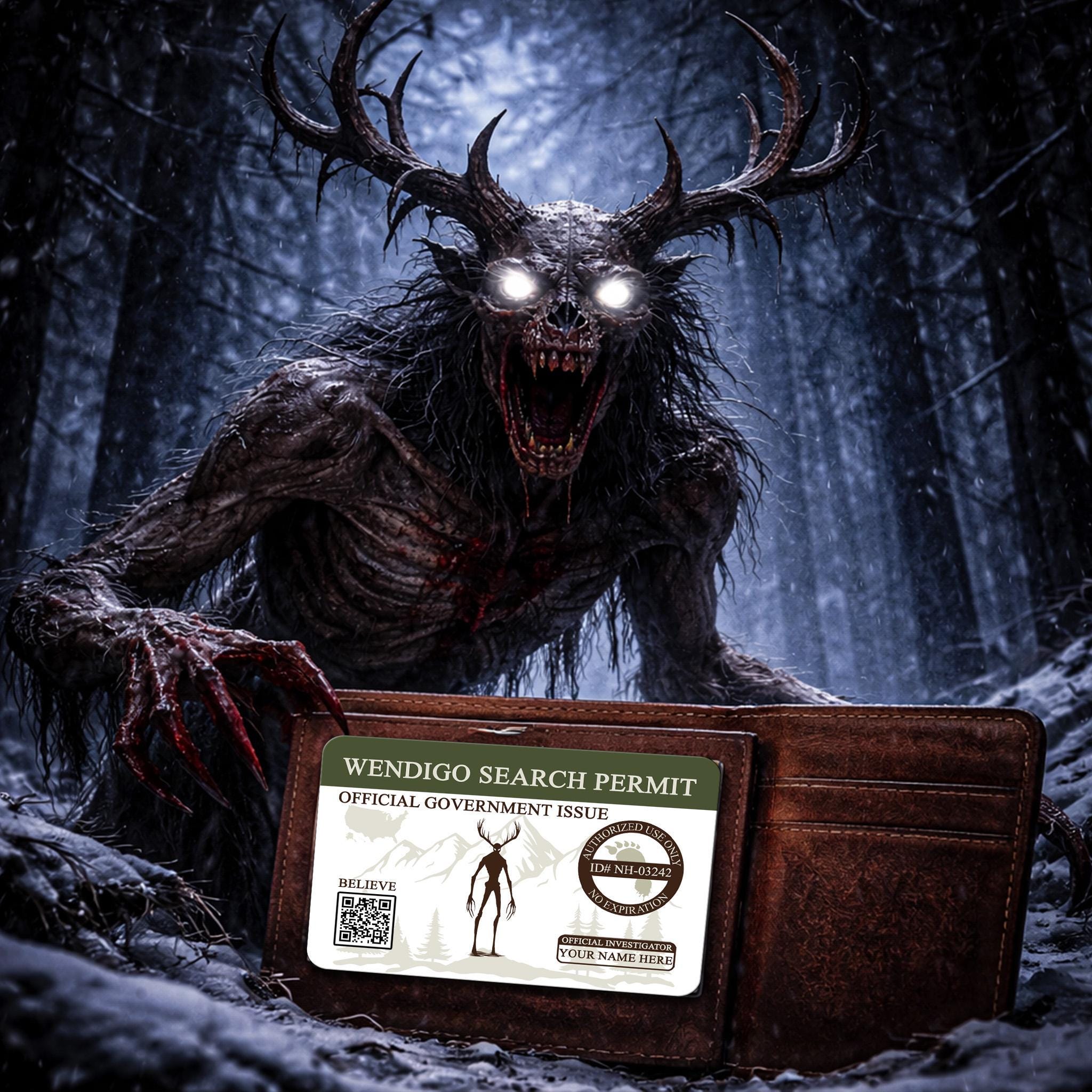 A large, menacing creature with glowing eyes and sharp teeth looms over a wallet containing a search permit in a dark, snowy forest.