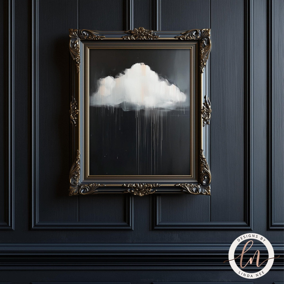 a framed artwork depicting a white cloud against a dark background, with dripping or dripping lines, creating a sense of movement and energy.