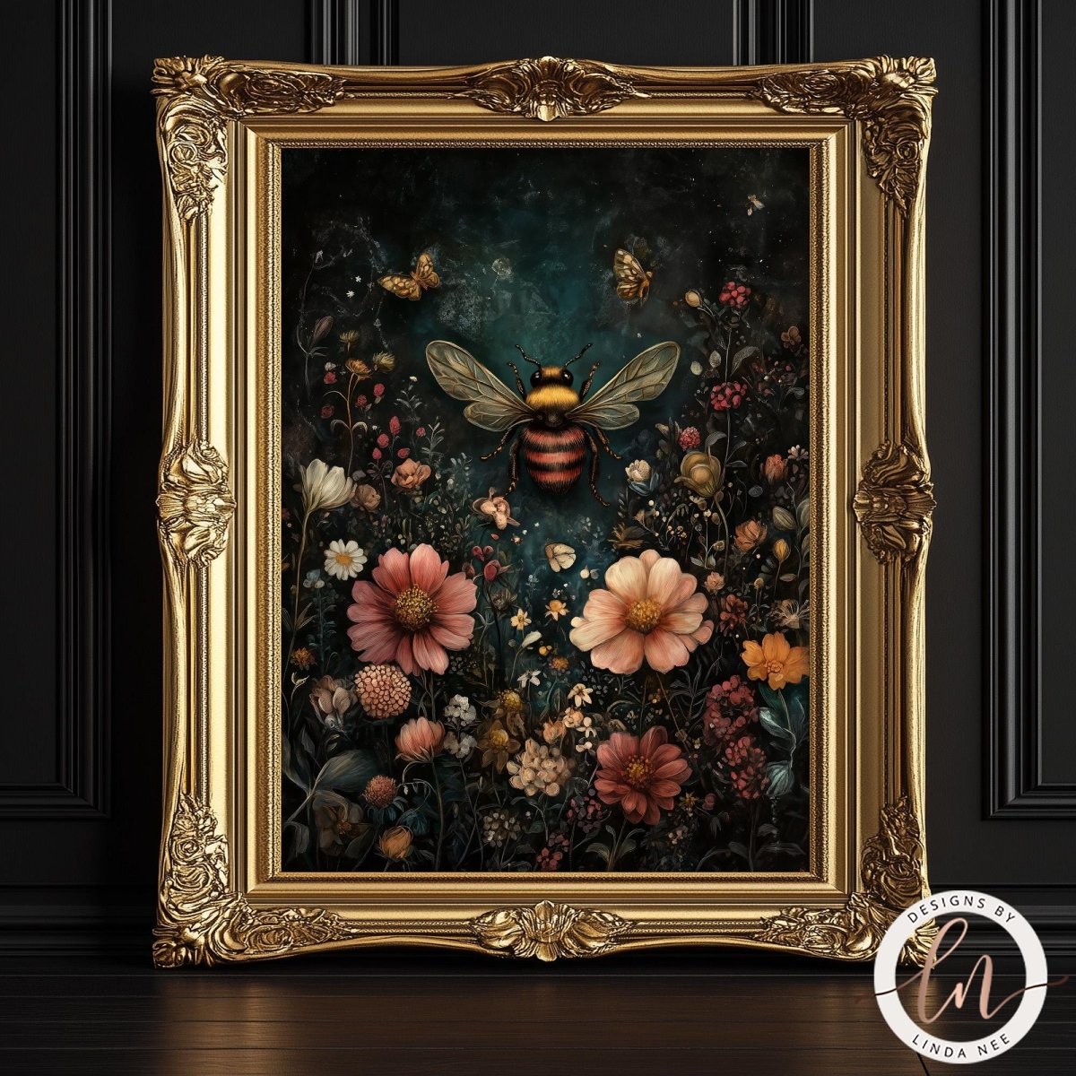 An ornate gold picture frame containing a dark floral painting with a bee, displayed against a black paneled wall and dark wood floor. A circular 'Designs by Linda Nee' watermark is visible in the bottom right corner.