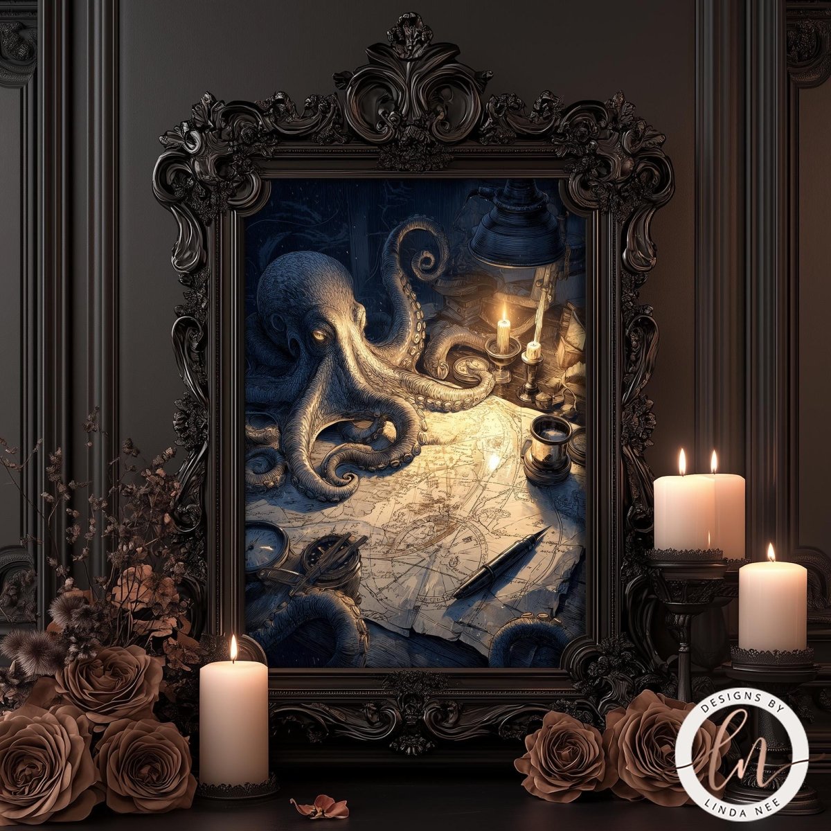 an ornate, dark frame surrounding a painting of an octopus with tentacles spread out, illuminated by candlelight. The painting is set against a map, and there are candles and flowers in the frame as well.