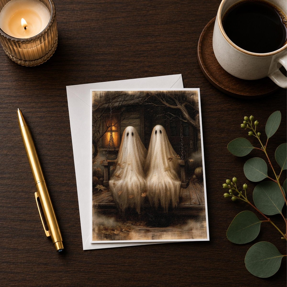 Ghost couple Halloween note card styled with a candle, pen, and coffee cup