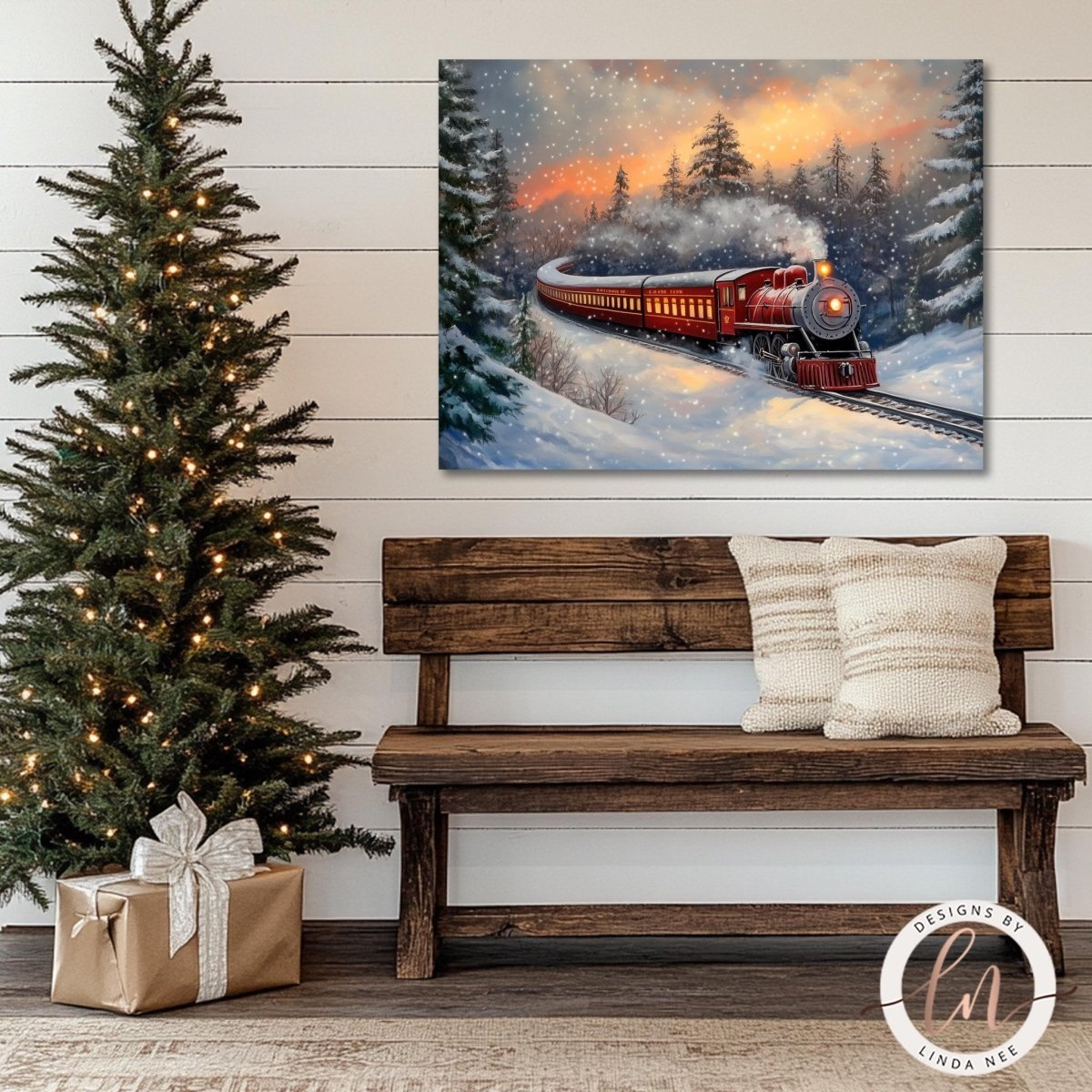 a cozy Christmas scene with a wooden bench, a decorated Christmas tree, and a painting of a red train traveling through a snowy forest.