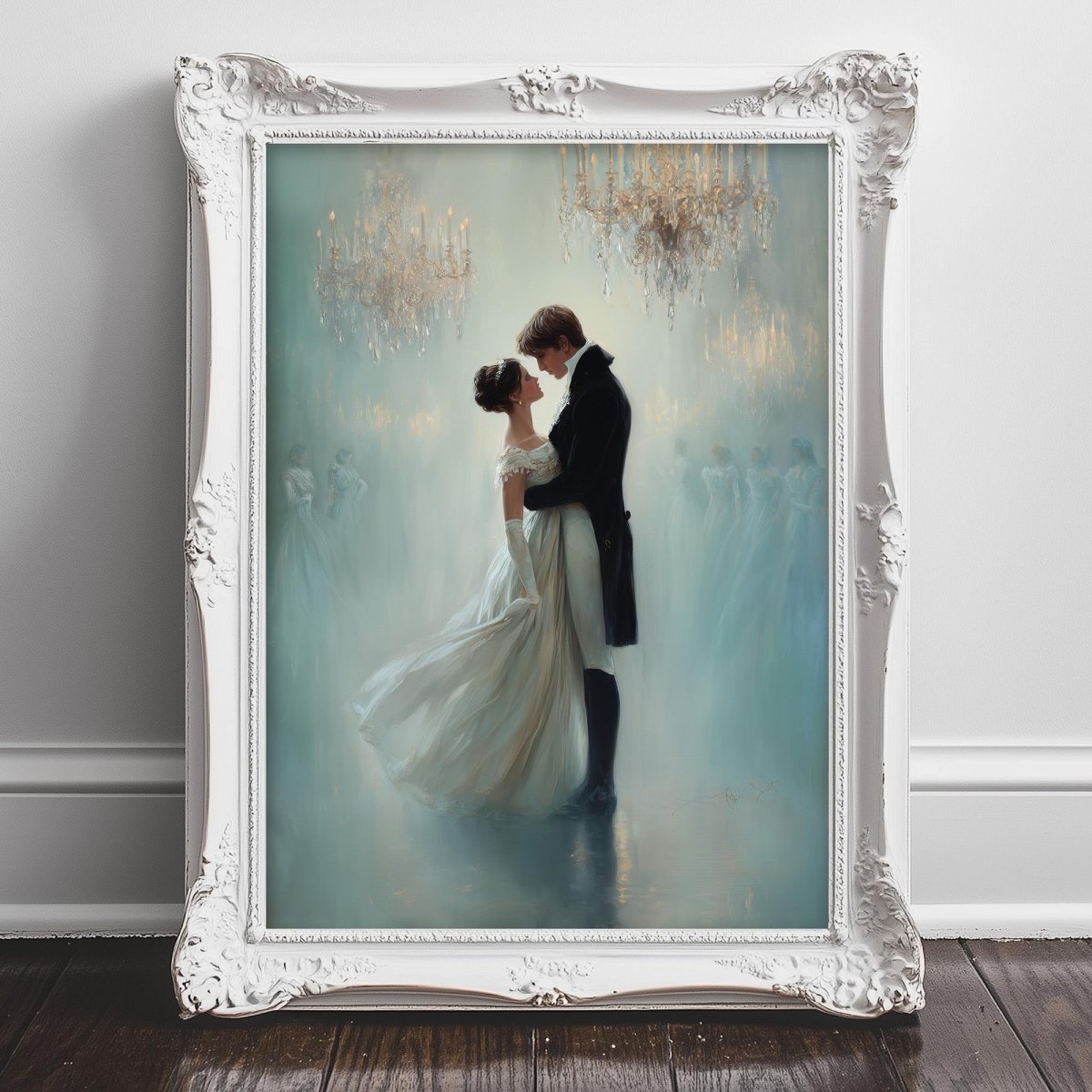 A painting of a couple dressed in formal attire, embracing in a romantic dance, with a chandelier visible in the background.