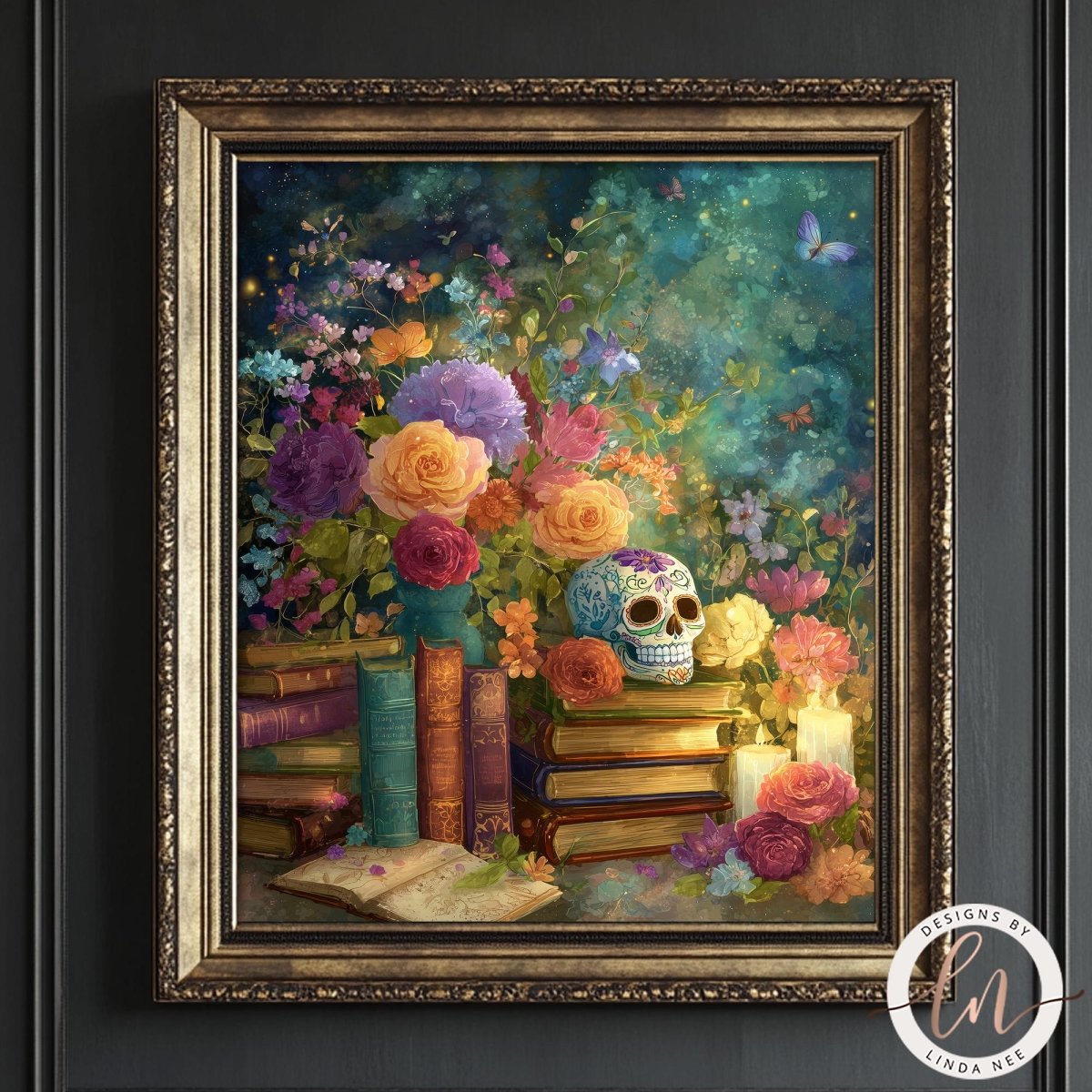 A framed painting depicting a colorful and vibrant scene with a skull, flowers, books, and candles.