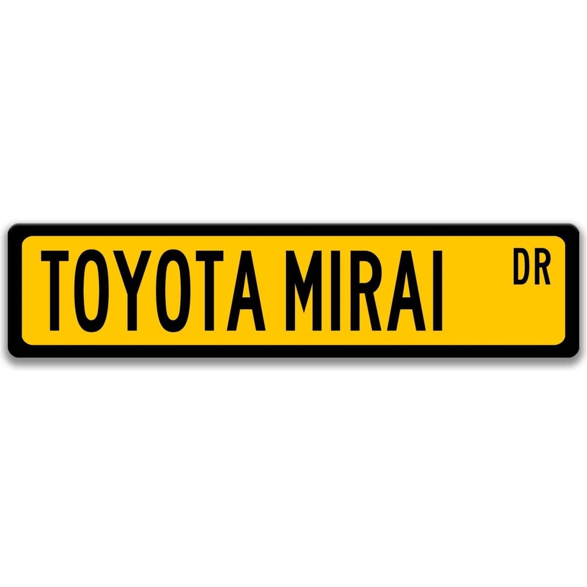 Yellow metal street sign with black text reading TOYOTA MIRAI DR