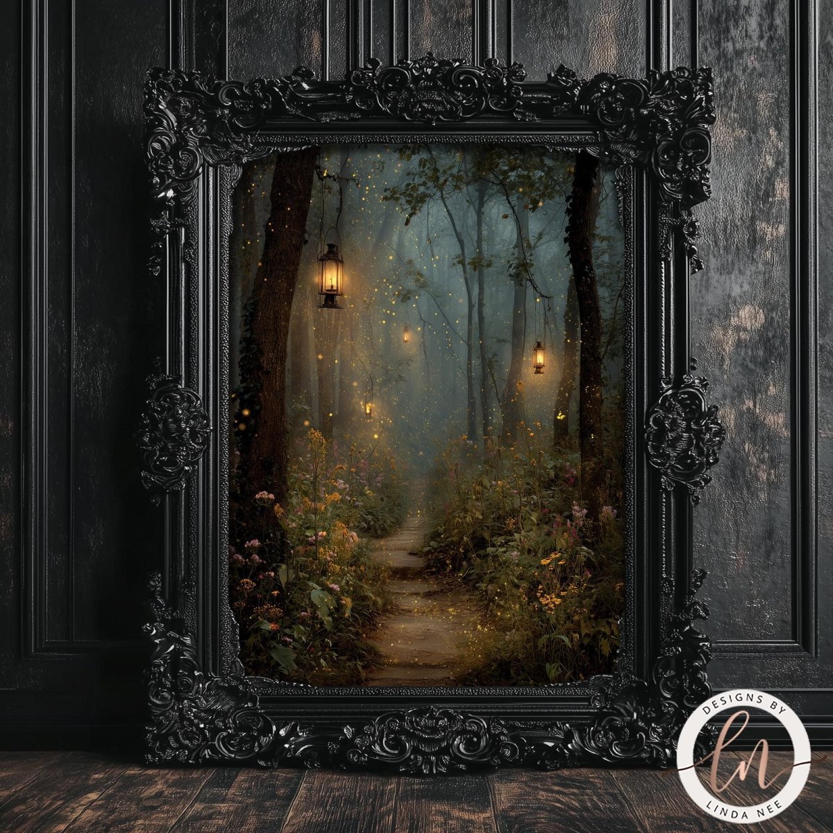 The image is a framed painting depicting a serene forest path with lanterns hanging from the trees, creating a magical and enchanting atmosphere.