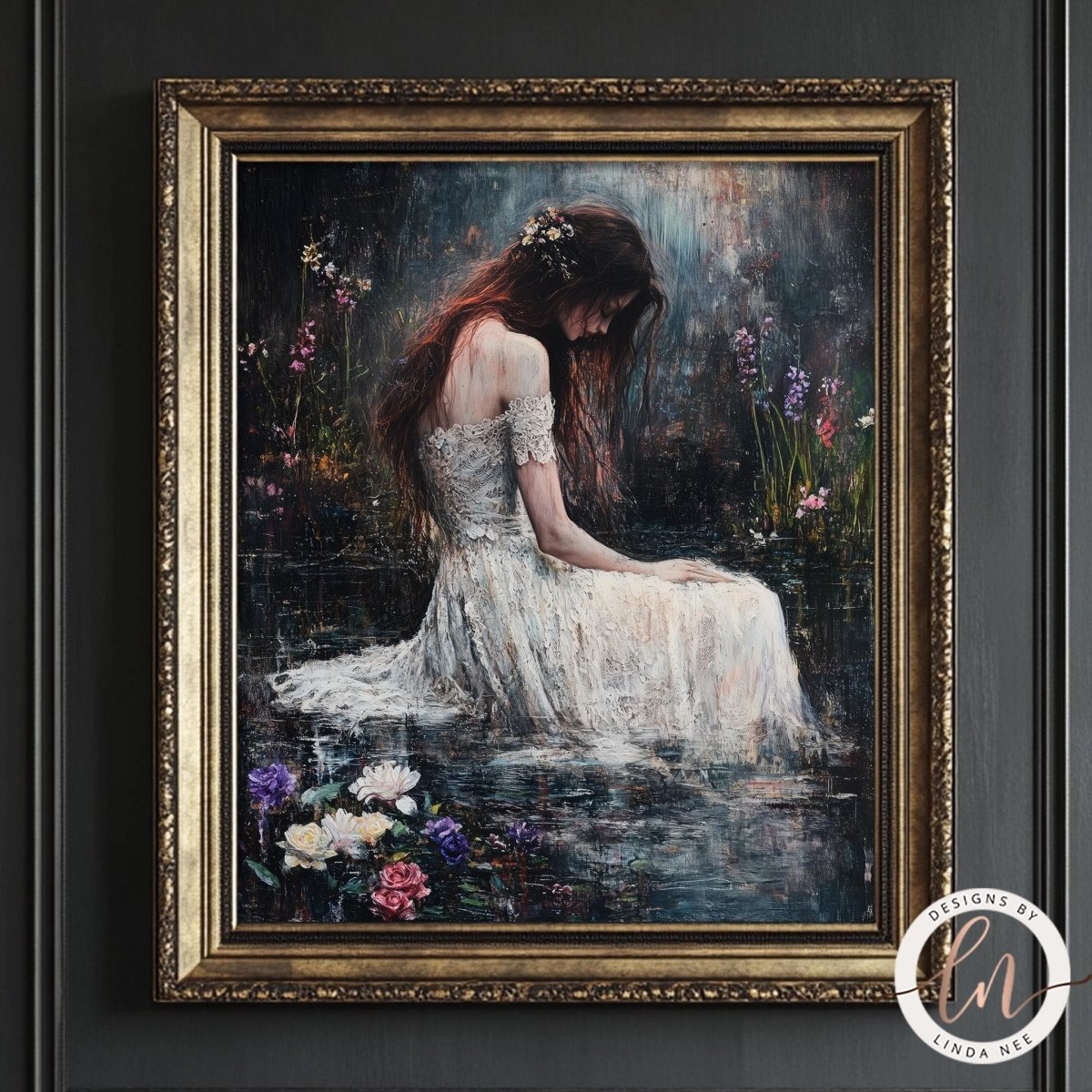 Woman in white dress surrounded by pond flowers and foliage