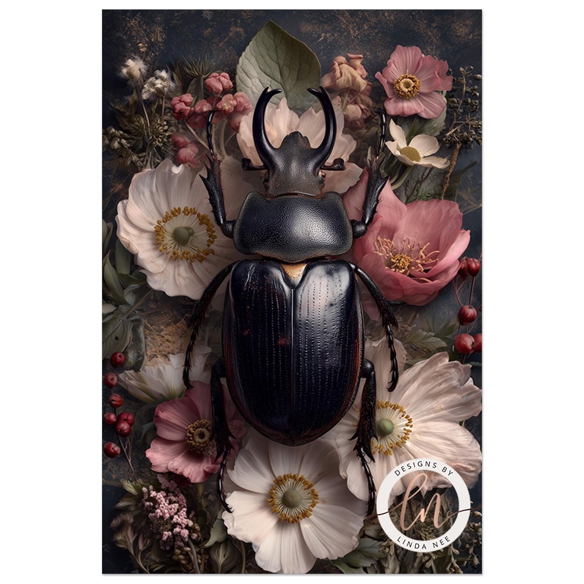 A close-up of a dark-colored beetle surrounded by a variety of colorful flowers, including pink and white blooms, against a dark background.