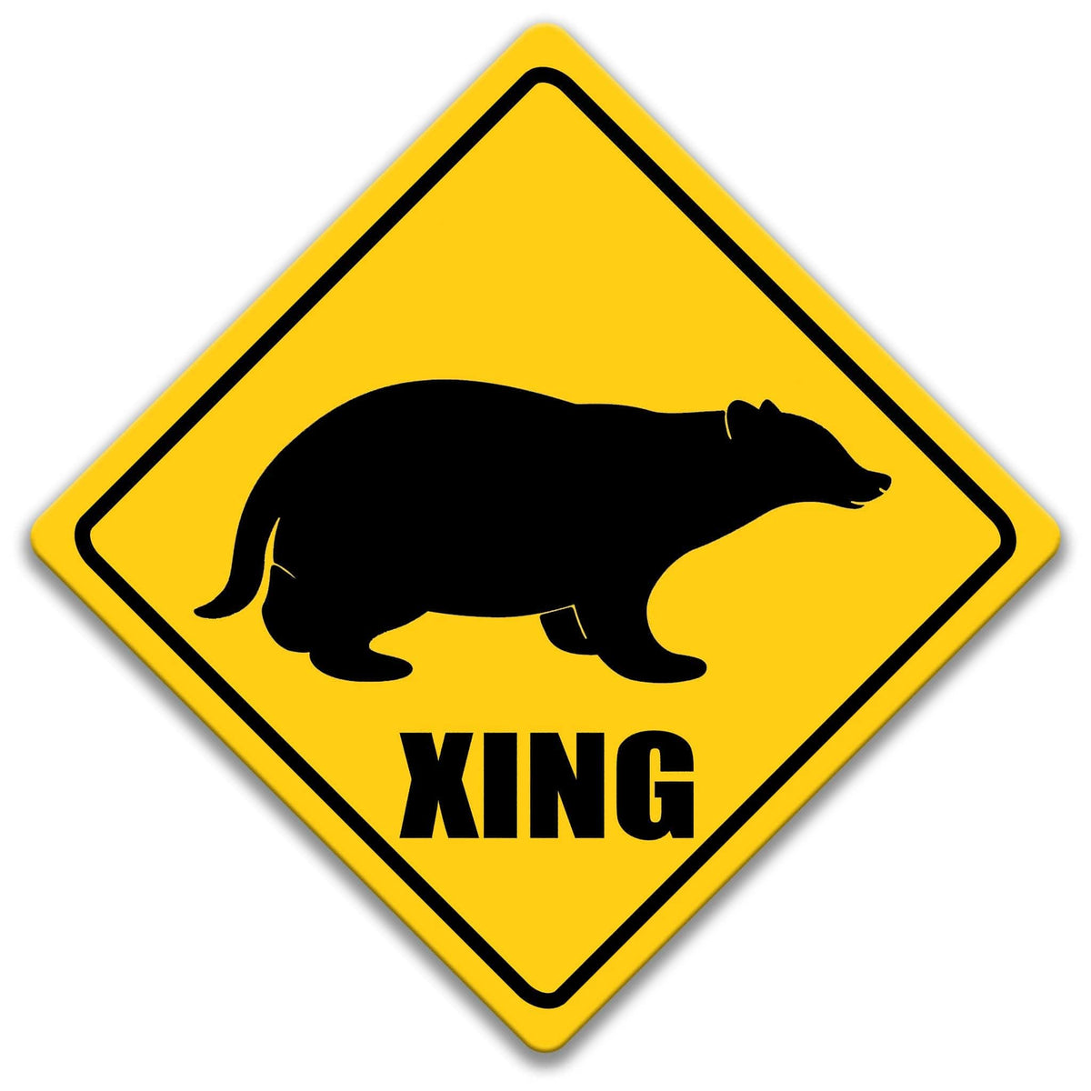 A yellow diamond-shaped sign with a black silhouette of a bear and the word "XING" below it.