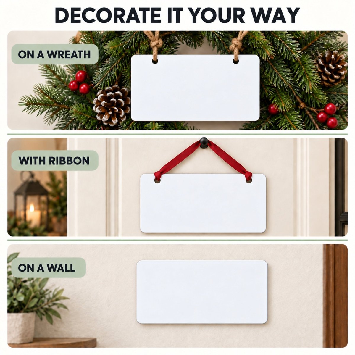 Elf Surveillance Christmas sign shown on a wreath, a door, and a wall