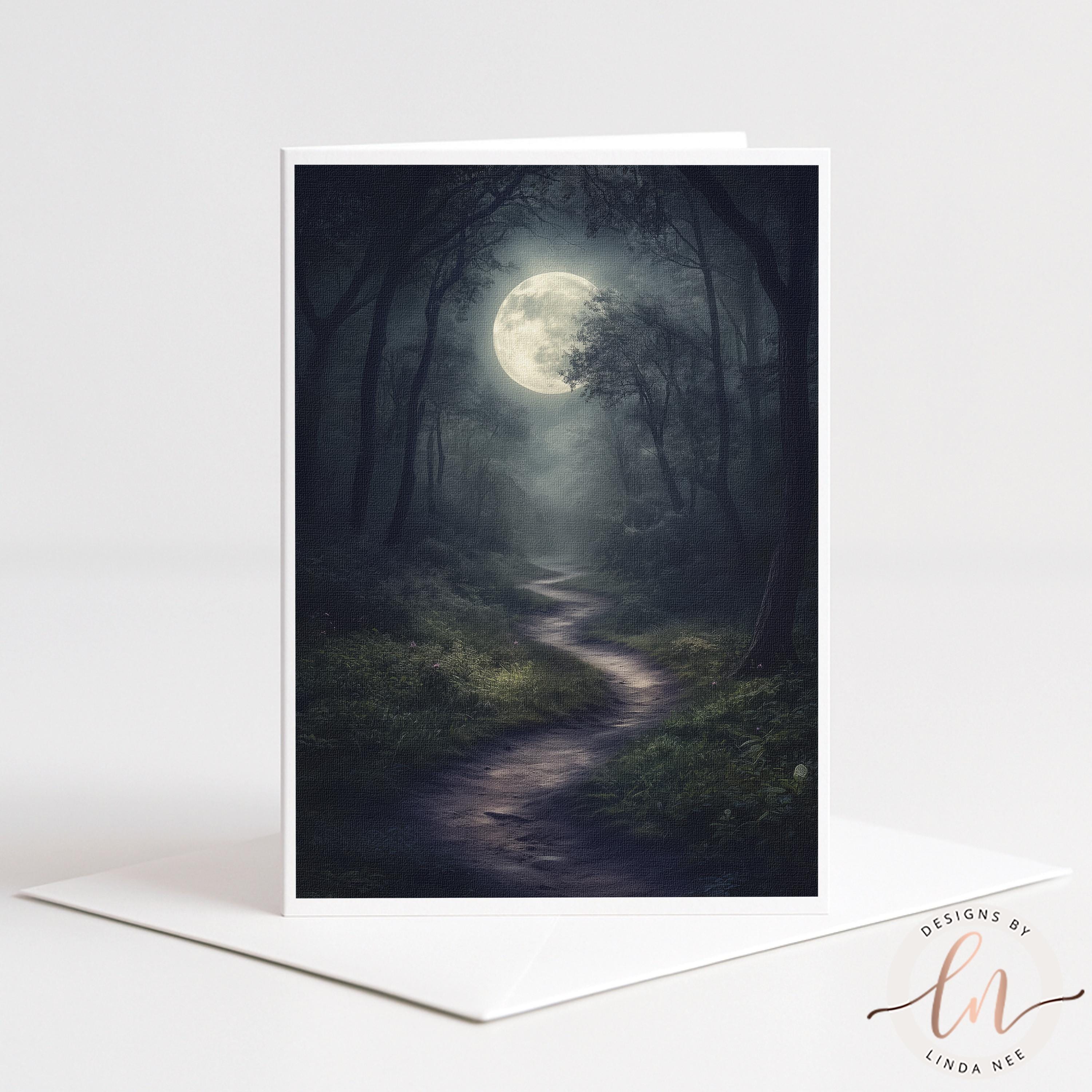 A dark forest path leads to a full moon in the distance, creating a serene and mystical atmosphere.