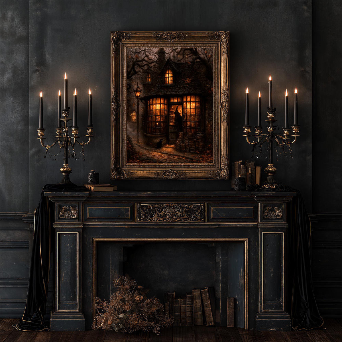 Home library fireplace flanked by candelabra and stacked books, bookshop print above