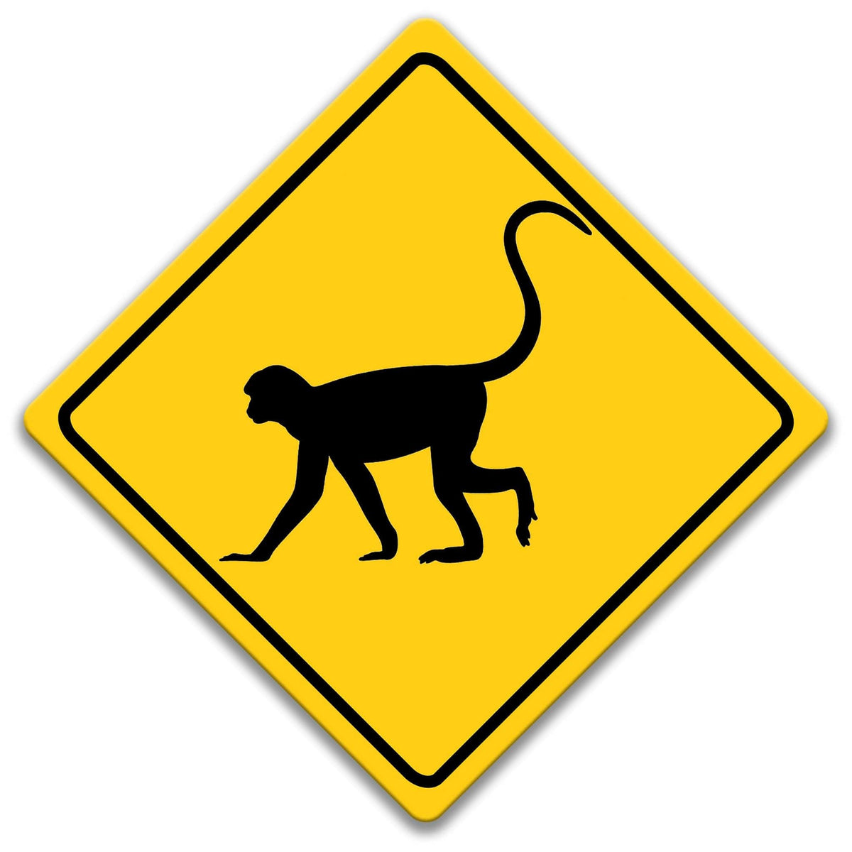 A yellow diamond-shaped sign with a black silhouette of a monkey.