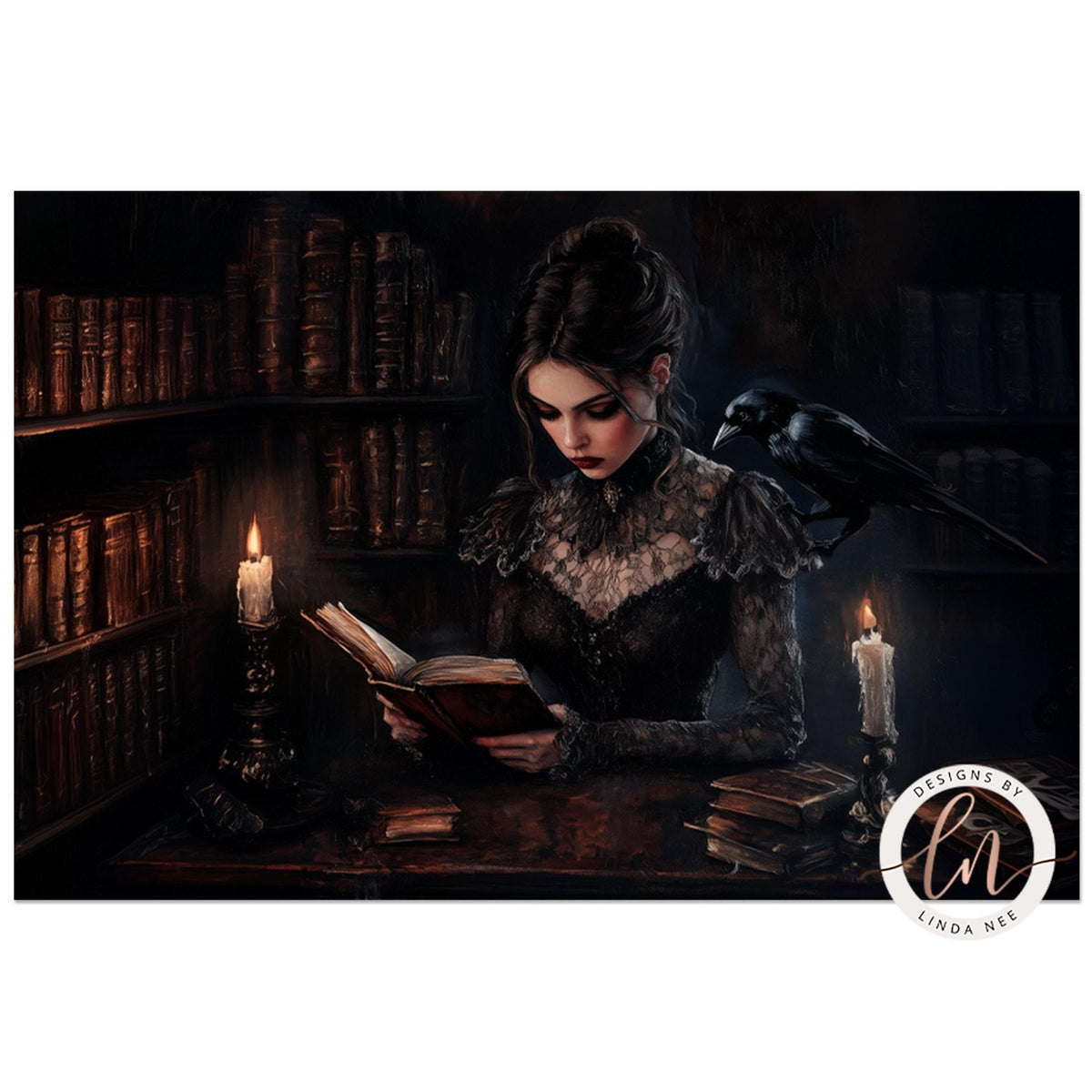 A woman in a dark, ornate dress is reading a book in a dimly lit room, with a black bird perched on her shoulder.