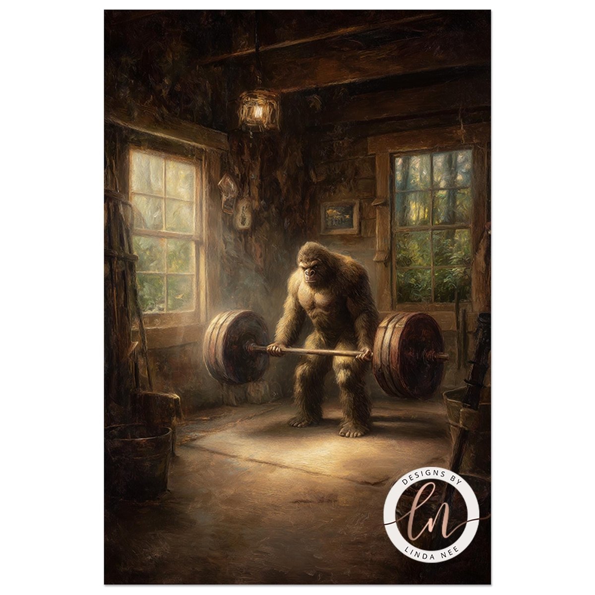 A large, furry creature is lifting a heavy barbell in a rustic, wooden room with large windows.
