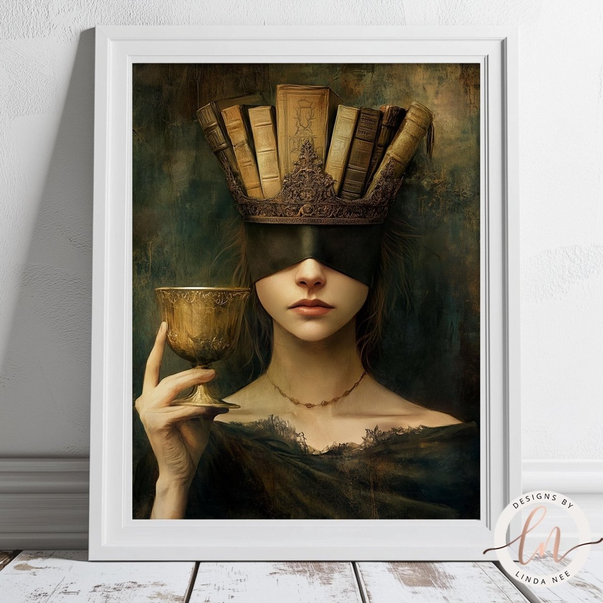 A woman wearing a crown of books and holding a golden cup, with a dark background.