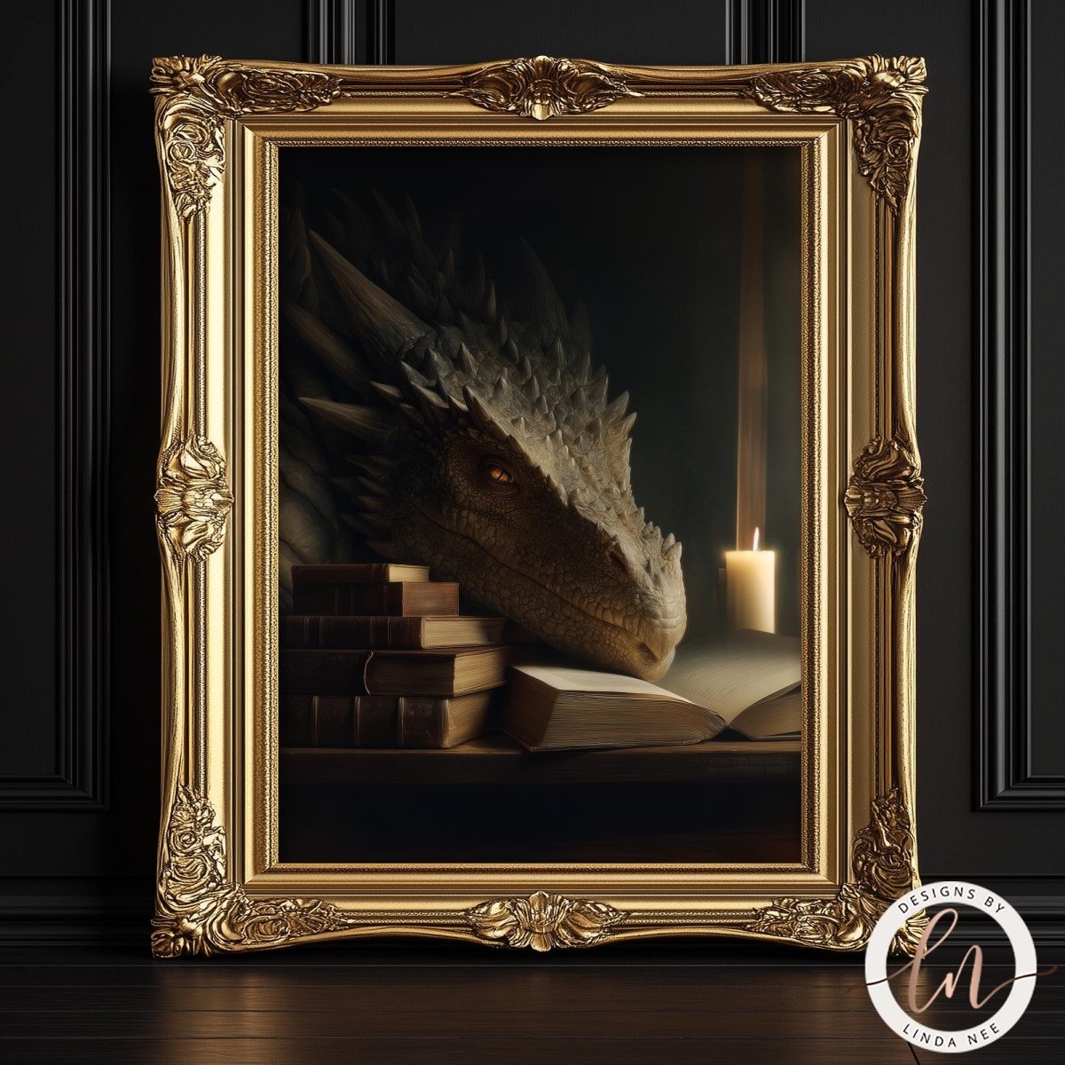 A large, ornate gold frame displays a painting of a dragon's head resting on a stack of books, with a lit candle in the background.