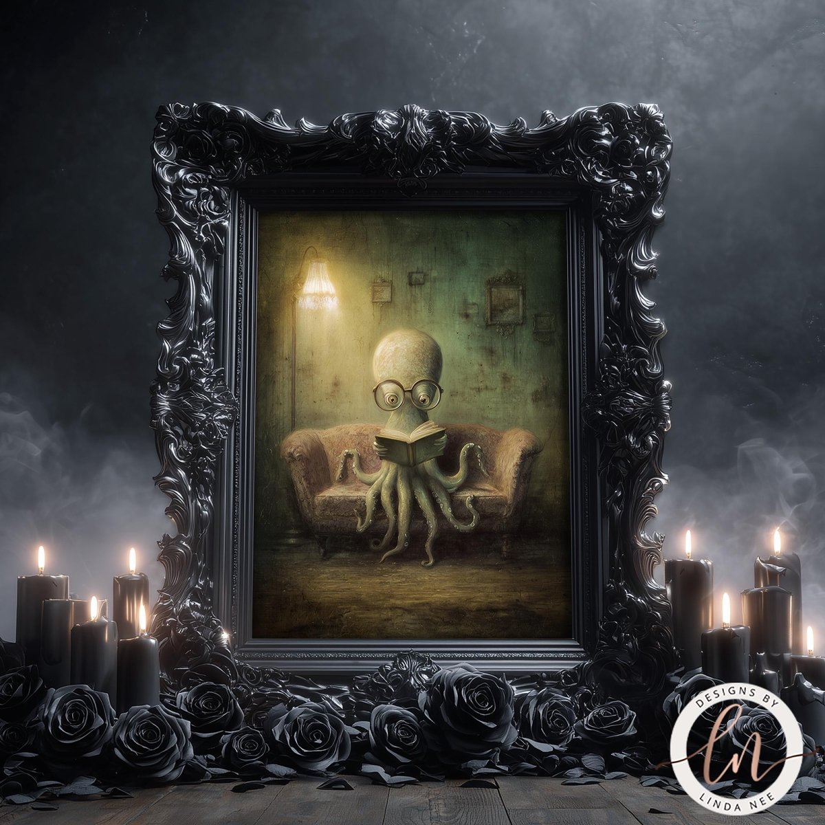 an octopus sitting on a couch, reading a book, surrounded by candles and roses.