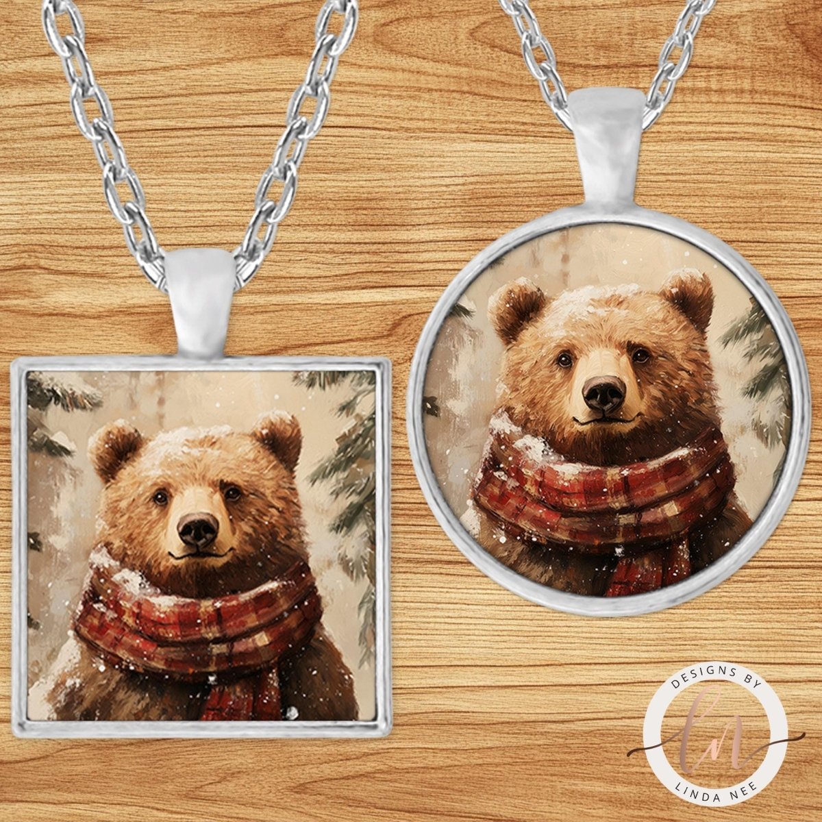 Bear in Plaid Scarf Pendant Necklace