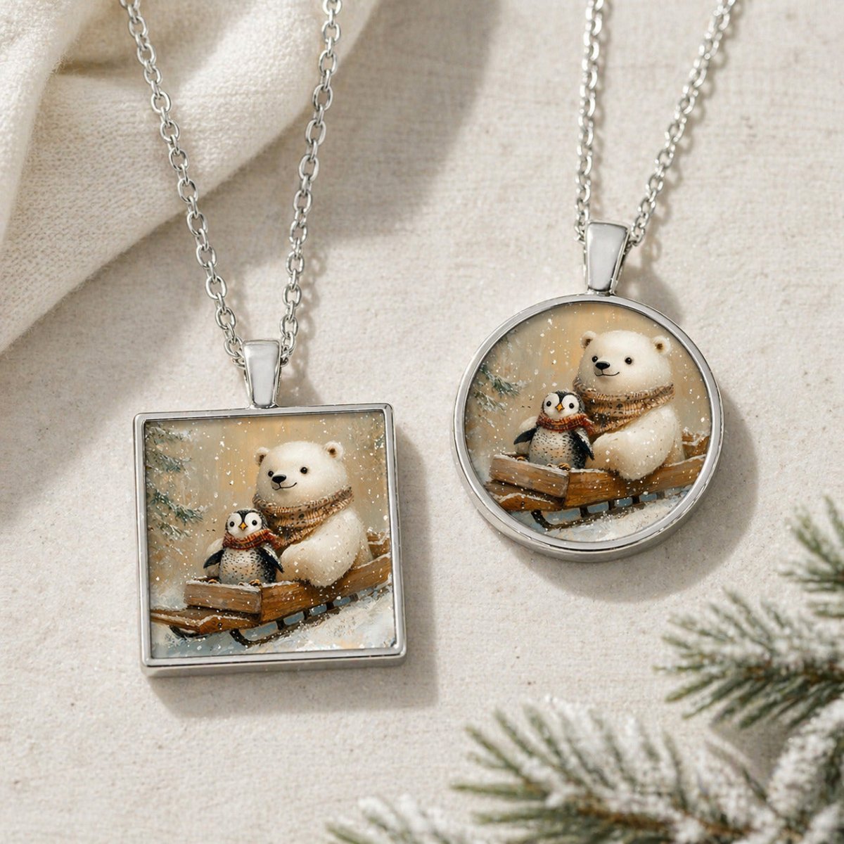 Polar Bear & Penguin Sled Pendant Necklace