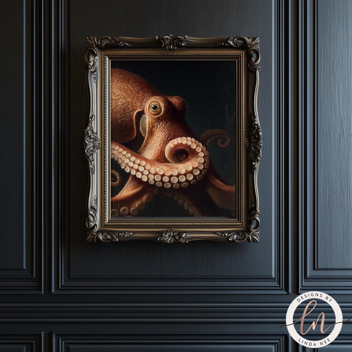 an octopus in a painting, which is hanging on a dark wall.