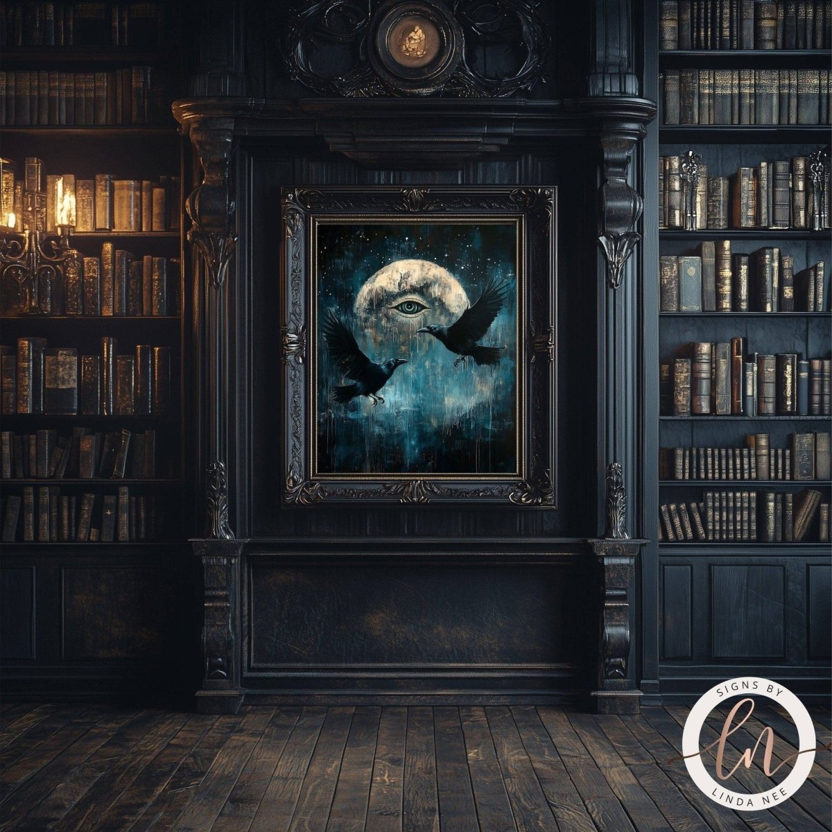 All seeing eye print displayed in a room with bookshelves and a chandelier