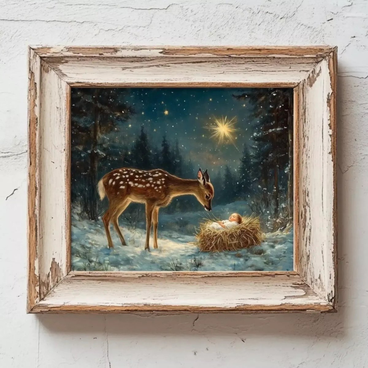 A deer stands in a snowy forest, gazing at a baby deer nestled in a hay bale in the background, with a starry night sky overhead.
