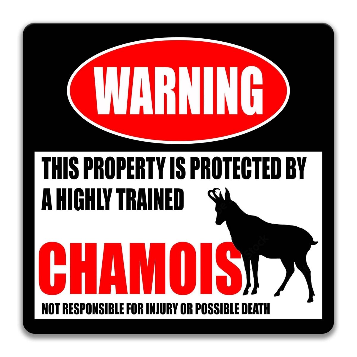 Square chamois warning metal sign, black background with red WARNING banner and chamois silhouette