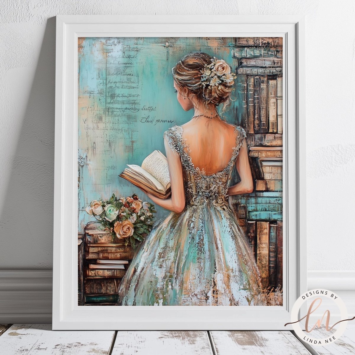 A woman in a blue and gold dress stands in front of a bookshelf, holding a book and surrounded by flowers.