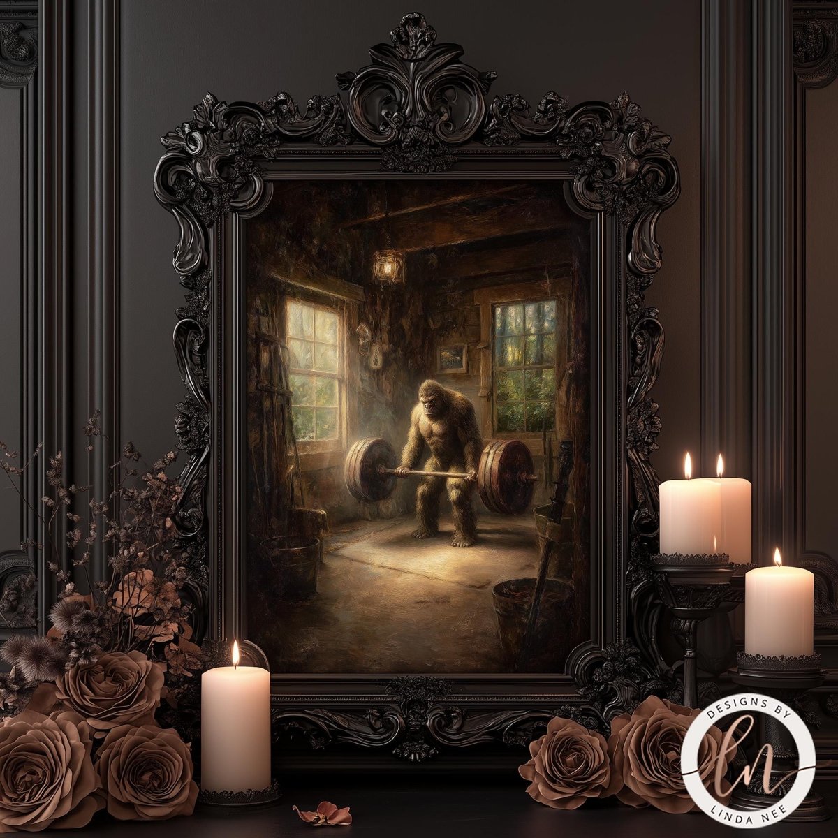 a painting of a man lifting weights in a gym, surrounded by candles and flowers.