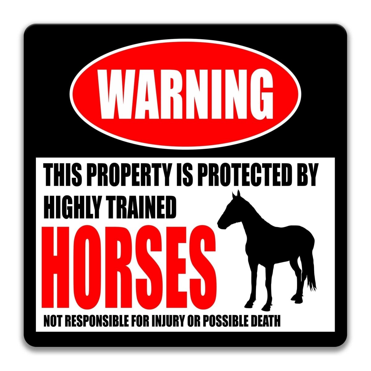 Horses warning sign, red WARNING banner and large horse silhouette, funny Horses lover gift, aluminum with rounded corners